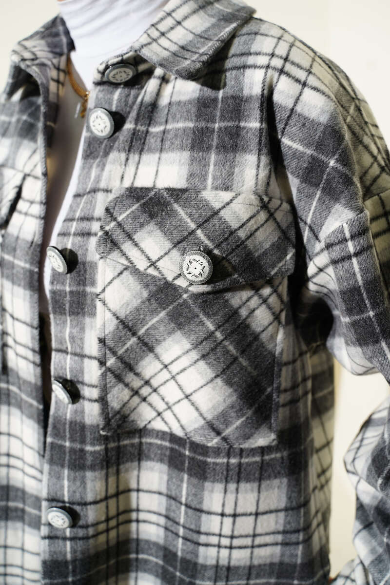 Plaid Felt Jacket with Pockets - Grey