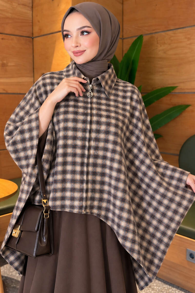 Plaid Poncho with Zip Detail - Beige