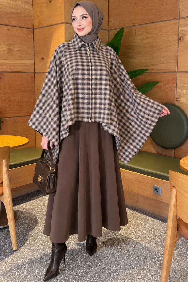Plaid Poncho with Zip Detail - Beige