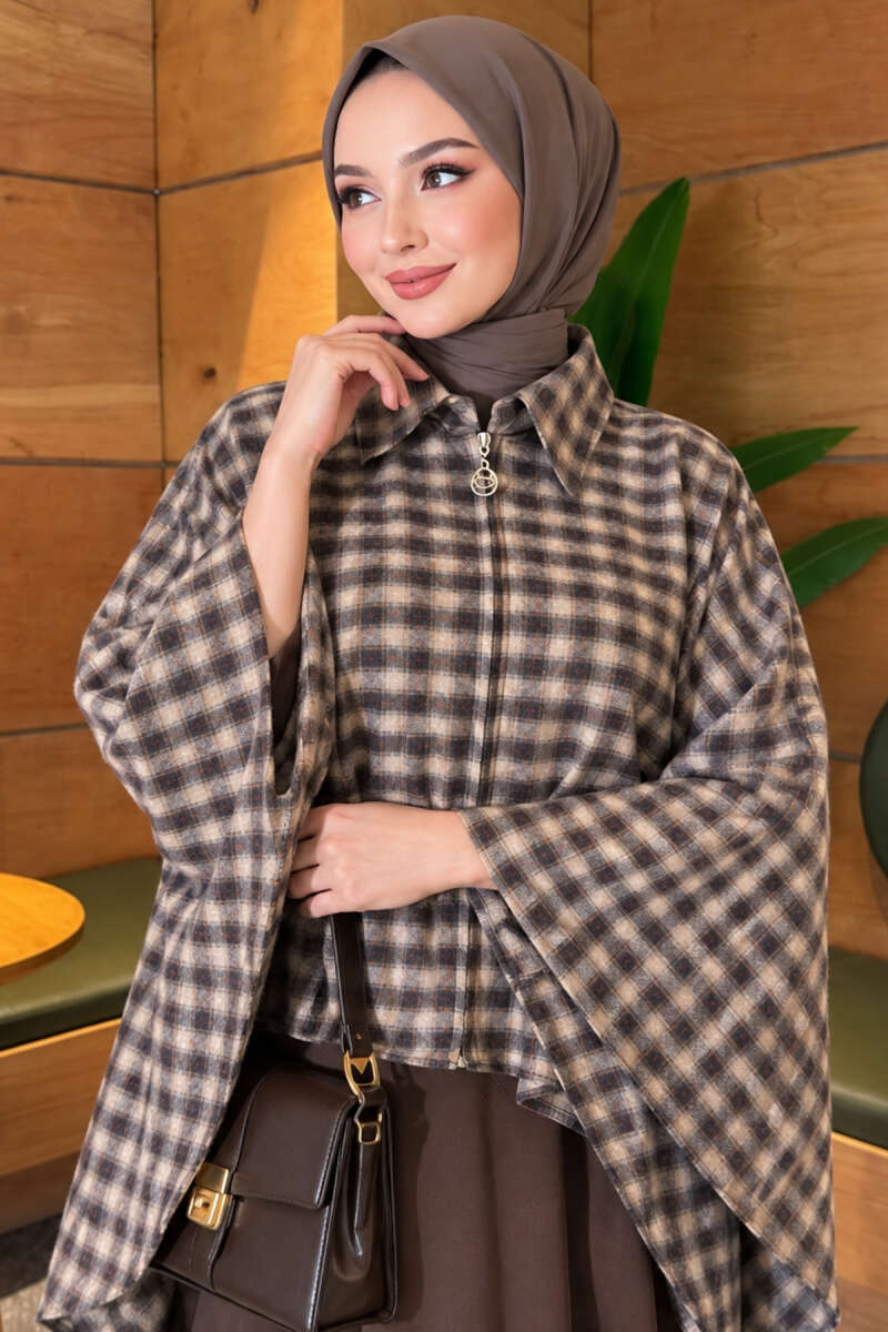Plaid Poncho with Zip Detail - Beige