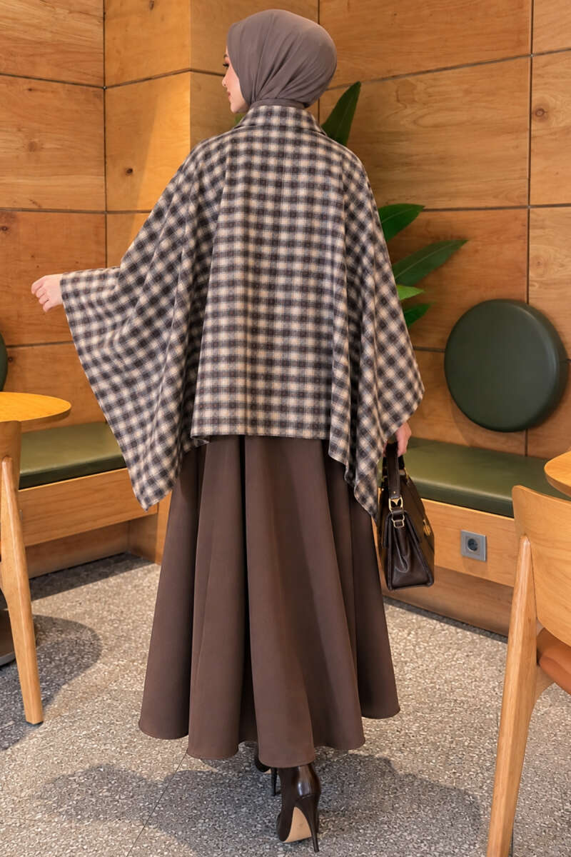Plaid Poncho with Zip Detail - Beige
