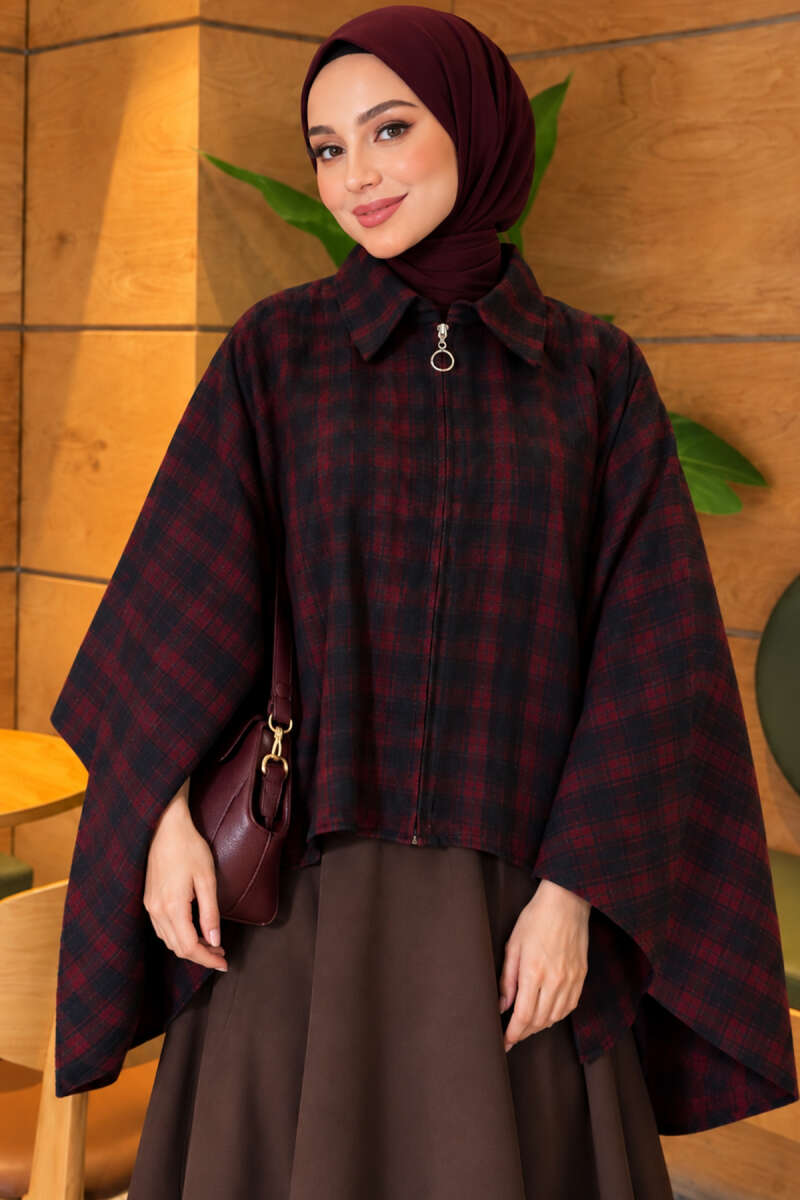 Plaid Poncho with Zip Detail - Burgundy