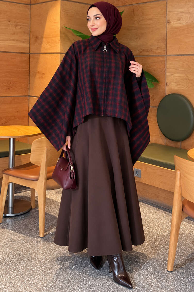 Plaid Poncho with Zip Detail - Burgundy