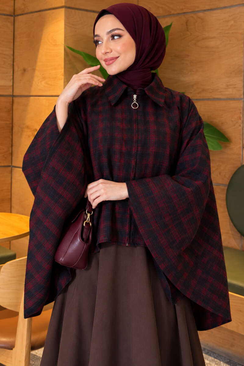 Plaid Poncho with Zip Detail - Burgundy