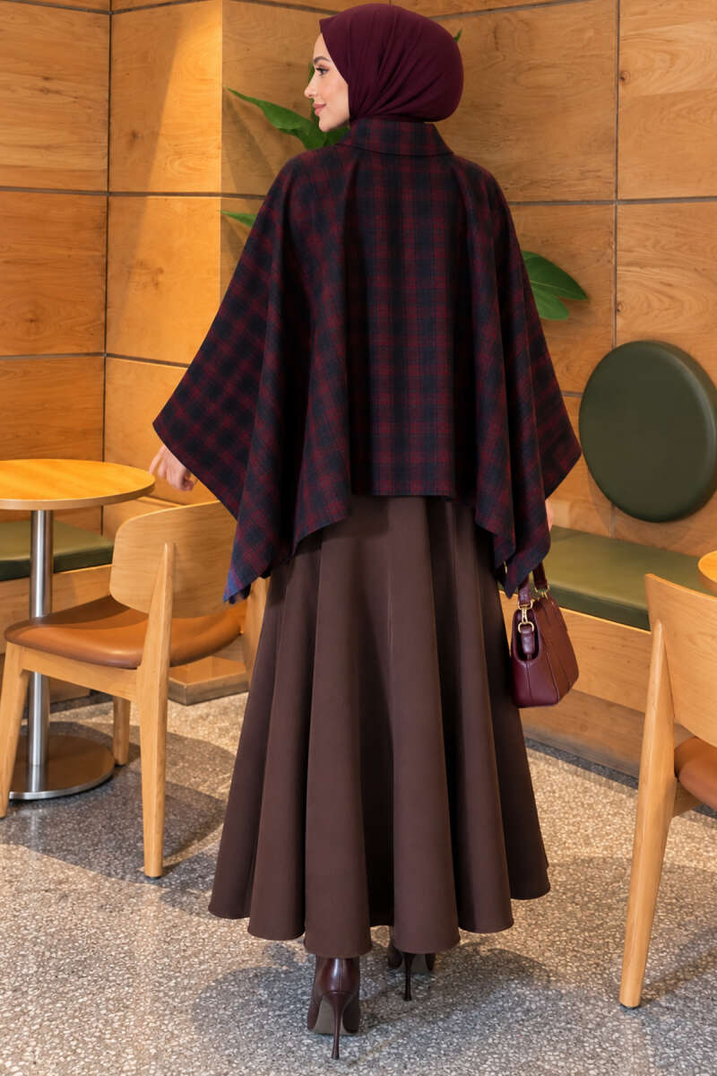 Plaid Poncho with Zip Detail - Burgundy