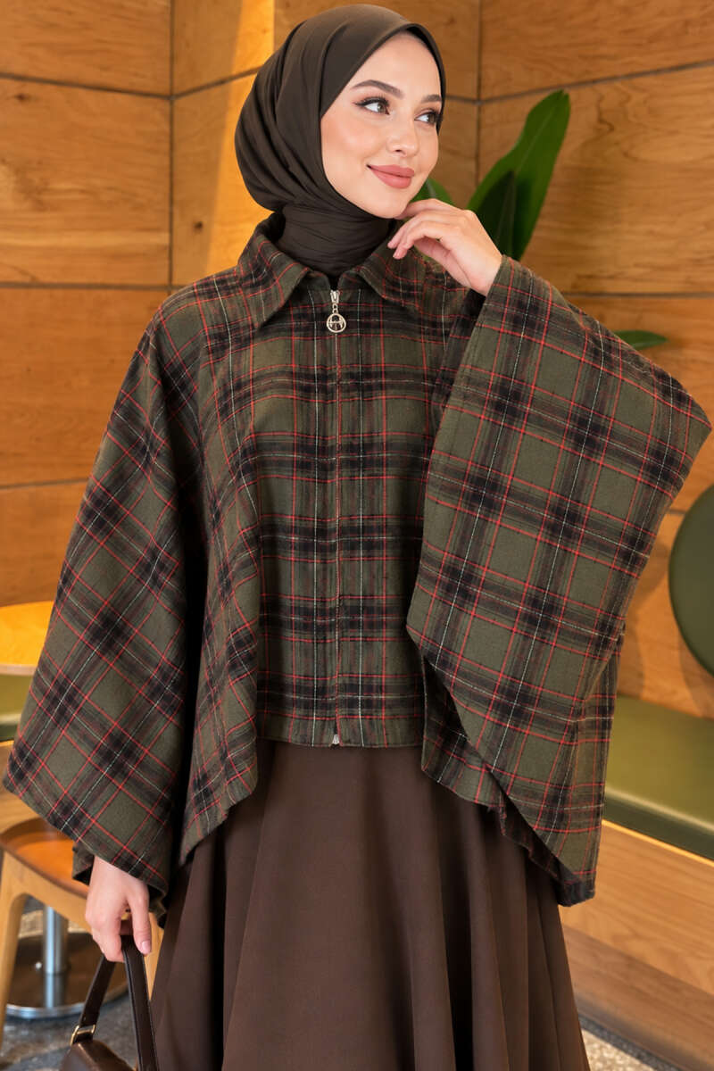 Plaid Poncho with Zip Detail - Khaki