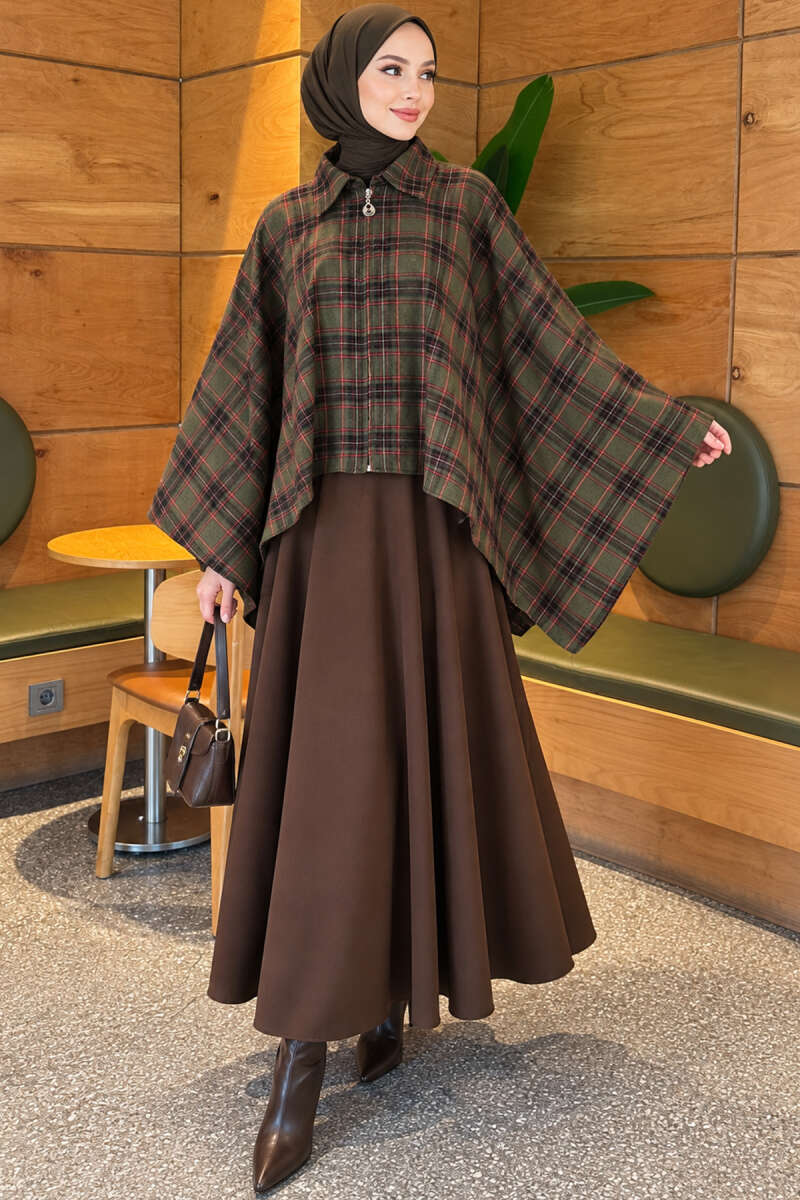 Plaid Poncho with Zip Detail - Khaki