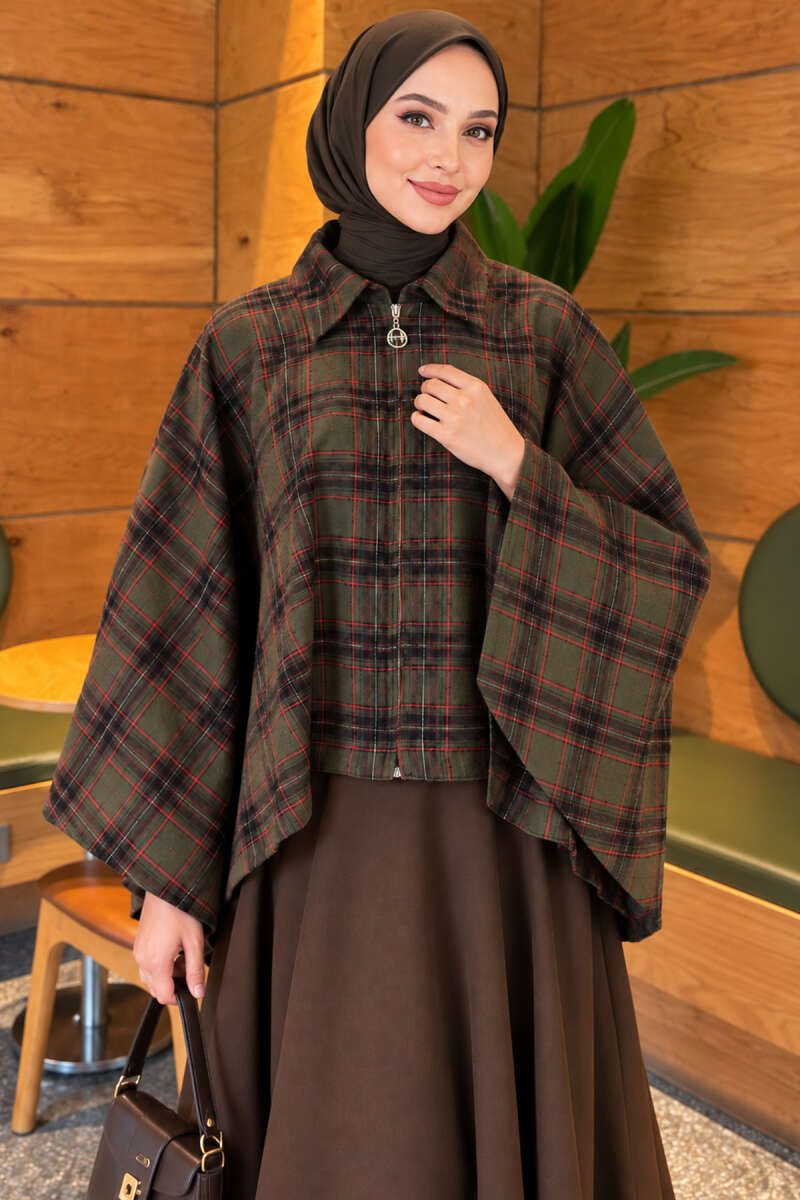 Plaid Poncho with Zip Detail - Khaki