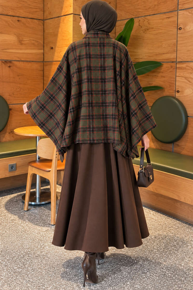Plaid Poncho with Zip Detail - Khaki