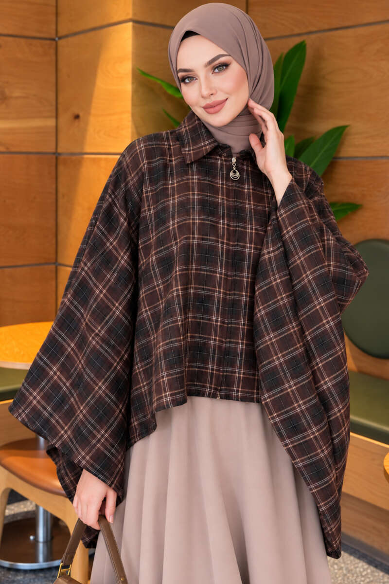 Plaid Poncho with Zip Detail - Brown