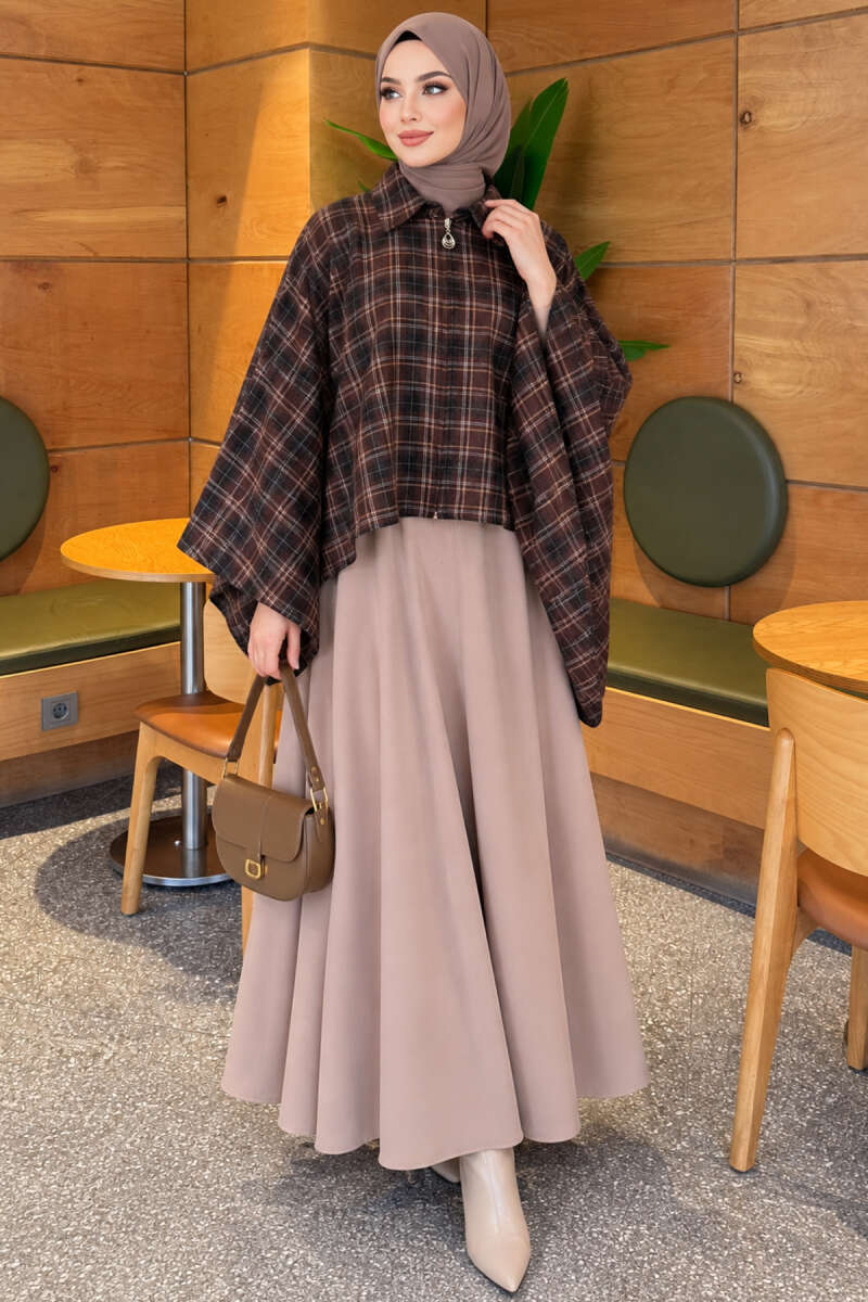 Plaid Poncho with Zip Detail - Brown