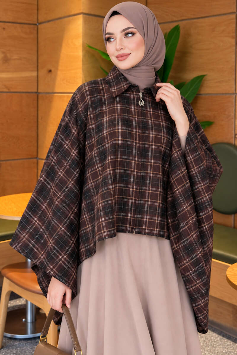 Plaid Poncho with Zip Detail - Brown