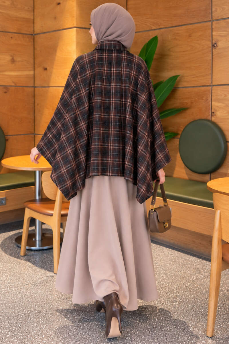 Plaid Poncho with Zip Detail - Brown