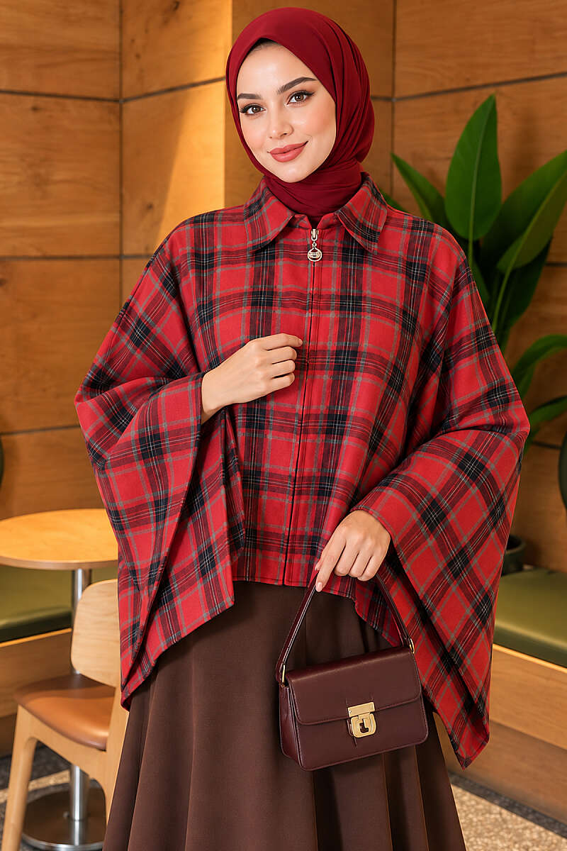 Plaid Poncho with Zip Detail - Red