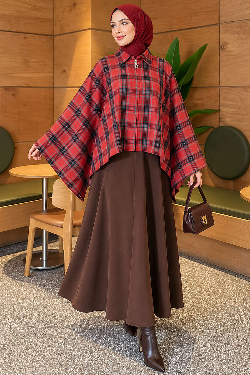 Plaid Poncho with Zip Detail - Red
