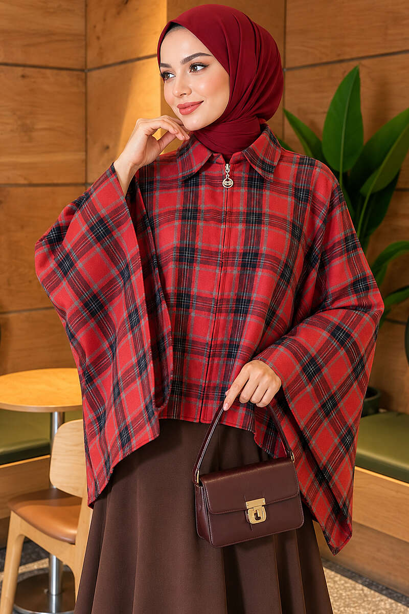 Plaid Poncho with Zip Detail - Red