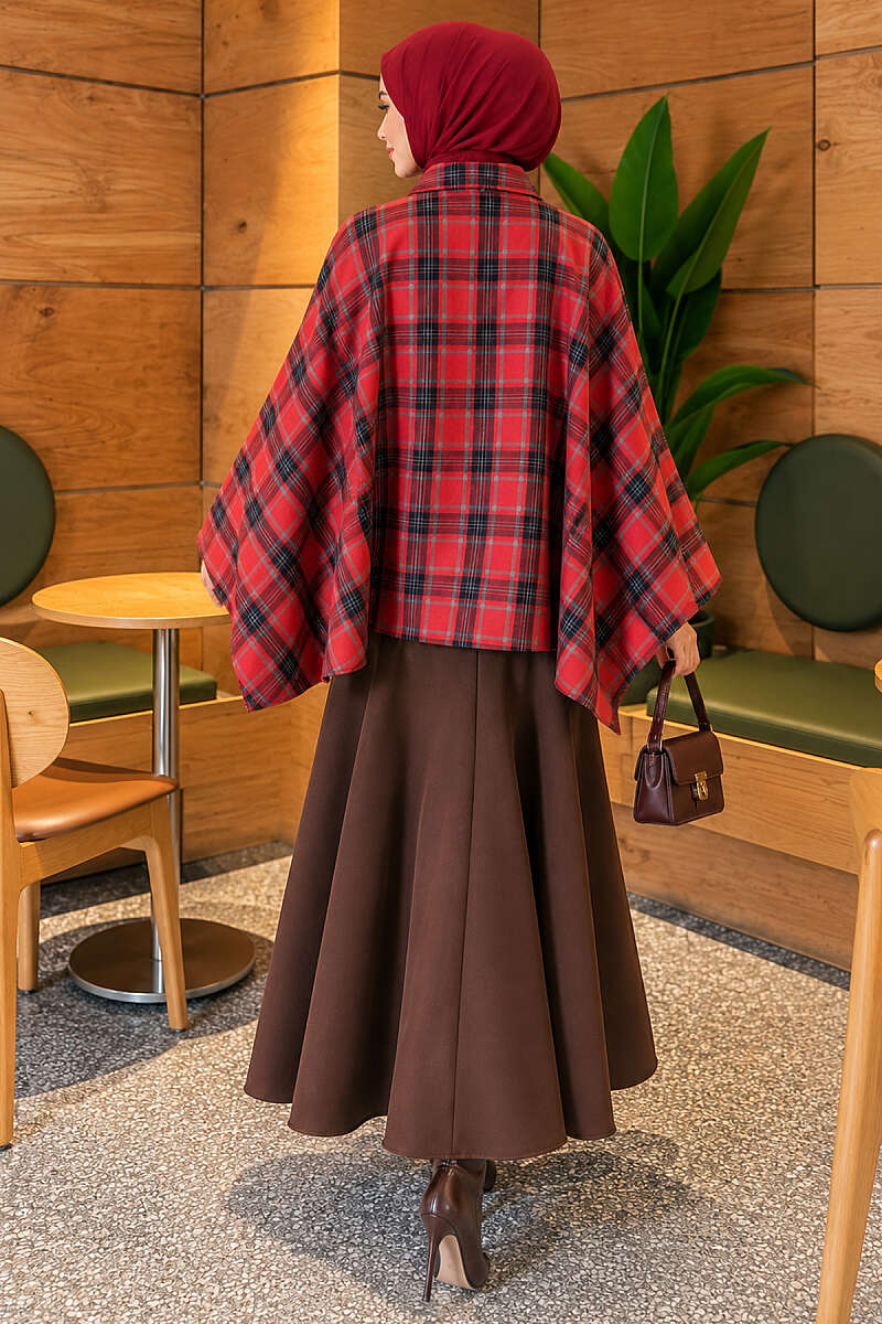 Plaid Poncho with Zip Detail - Red