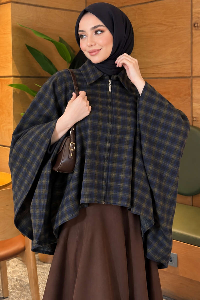 Plaid Poncho with Zip Detail - Navy