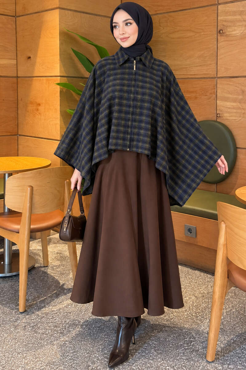 Plaid Poncho with Zip Detail - Navy