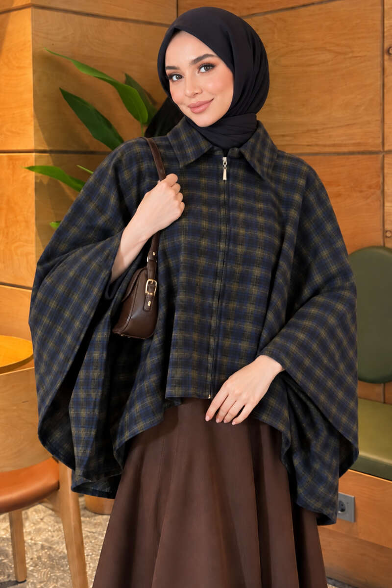 Plaid Poncho with Zip Detail - Navy