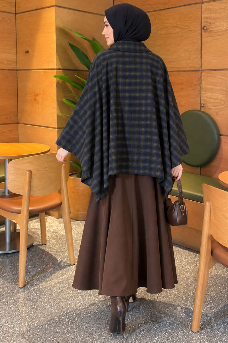 Plaid Poncho with Zip Detail - Navy
