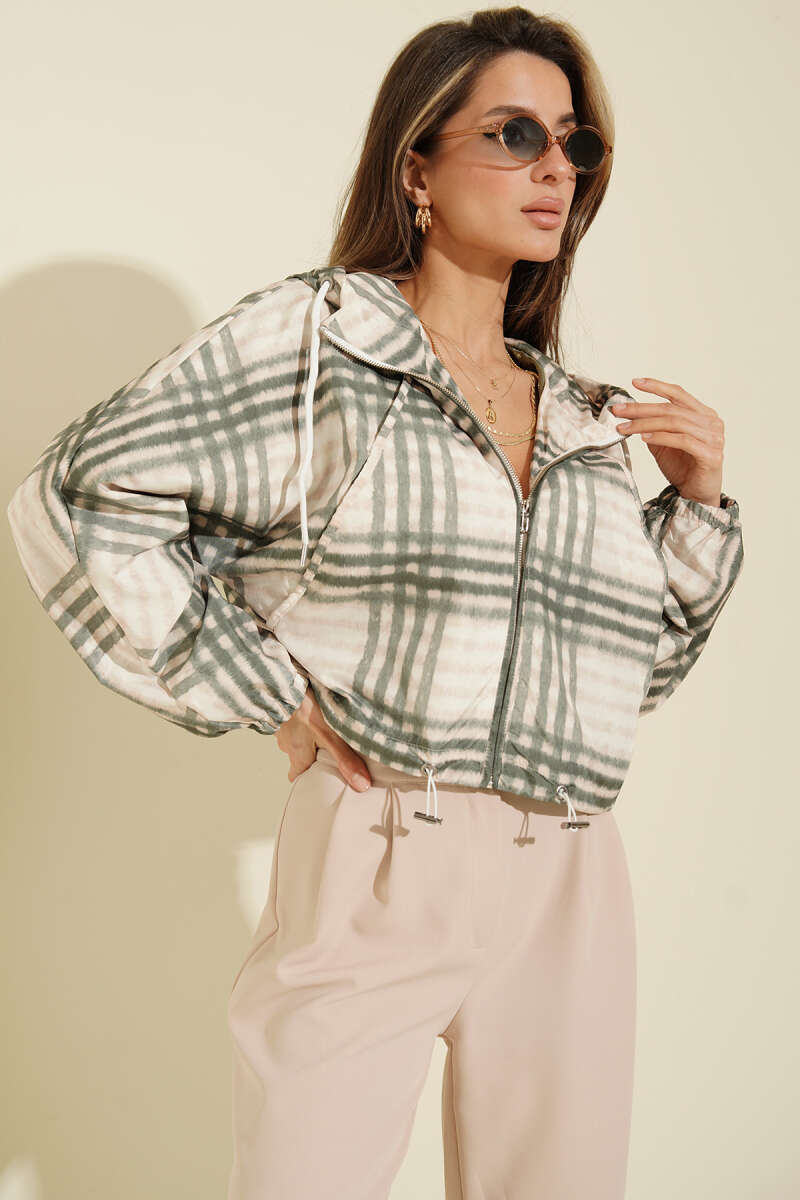 Short Hooded Plaid Jacket - Khaki
