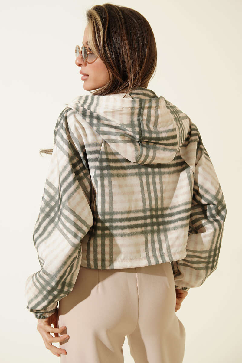 Short Hooded Plaid Jacket - Khaki