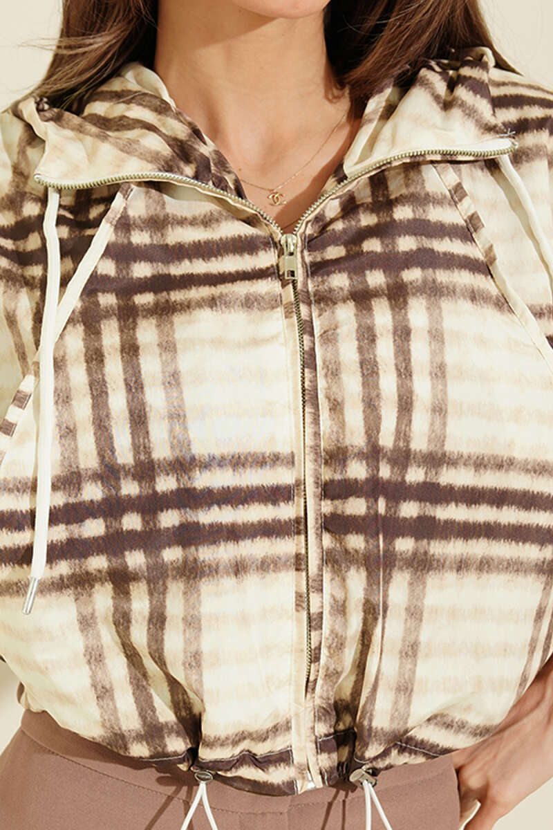 Short Hooded Plaid Jacket - Brown