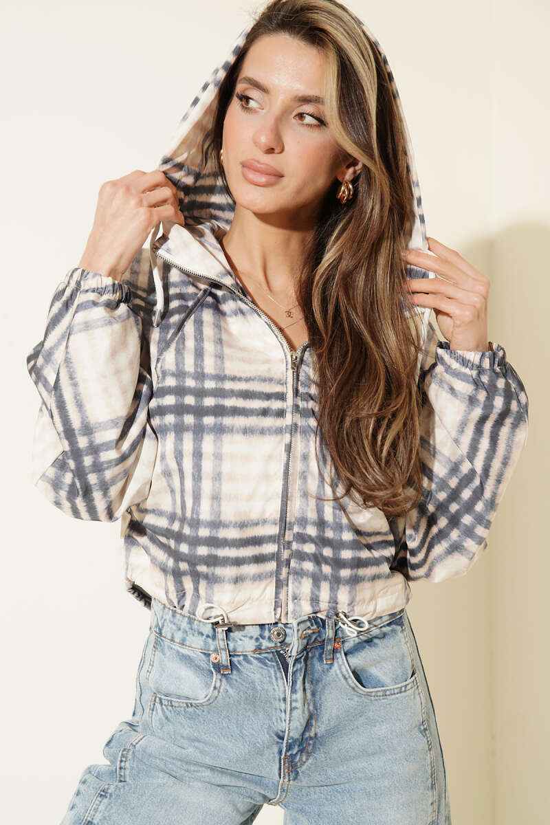 Short Hooded Plaid Jacket - Navy