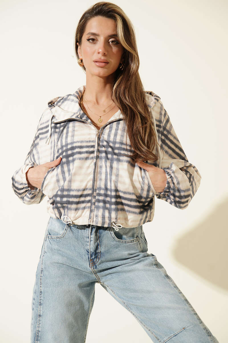Short Hooded Plaid Jacket - Navy