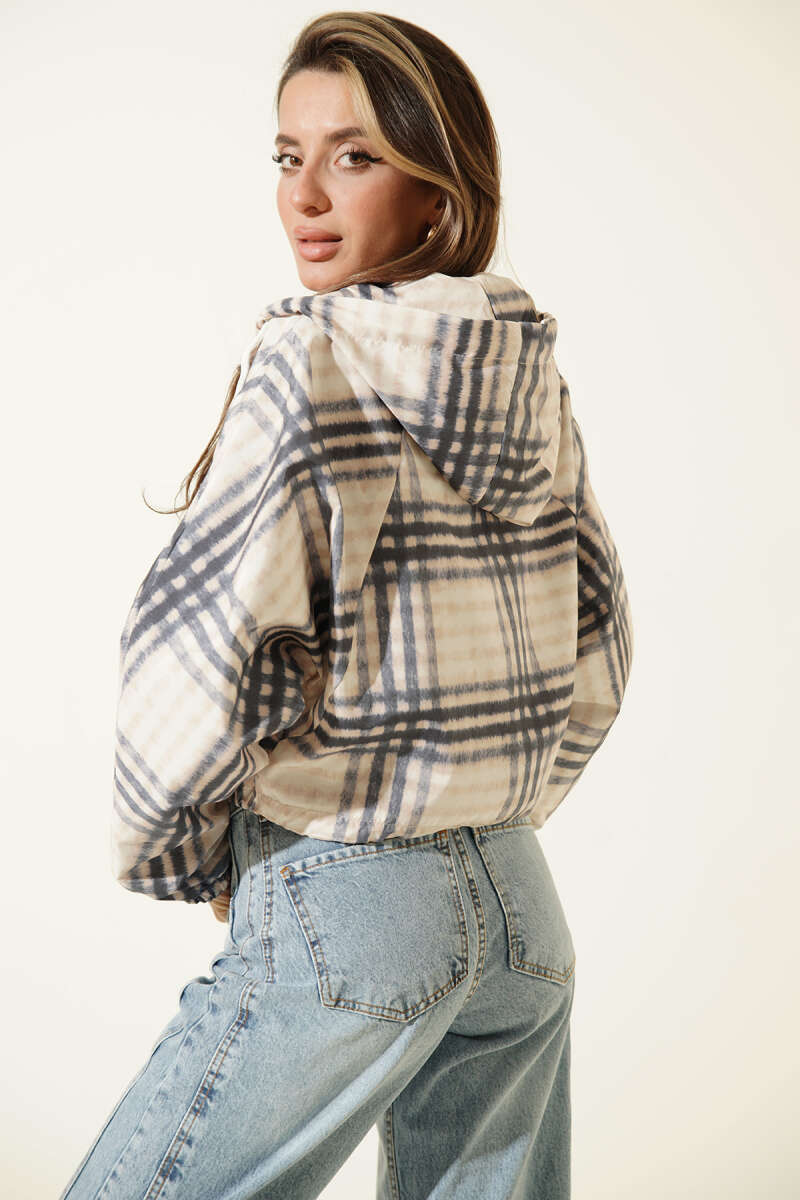 Short Hooded Plaid Jacket - Navy