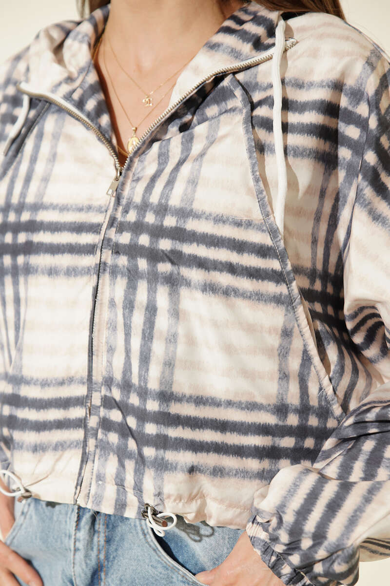 Short Hooded Plaid Jacket - Navy