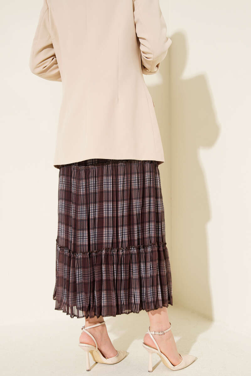 Tiered Plaid Chiffon Skirt - Brown