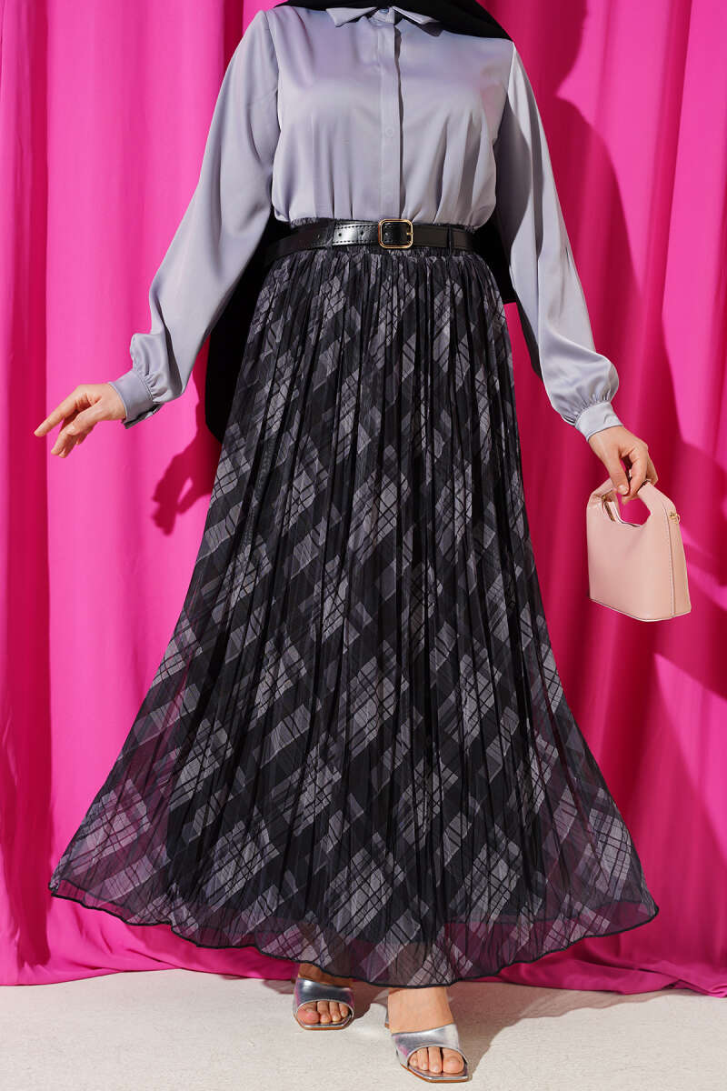 Belted Plaid Tulle Flared Skirt - Smoke Grey