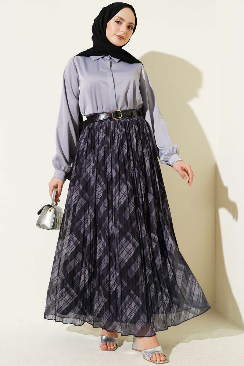 Belted Plaid Tulle Flared Skirt - Smoke Grey