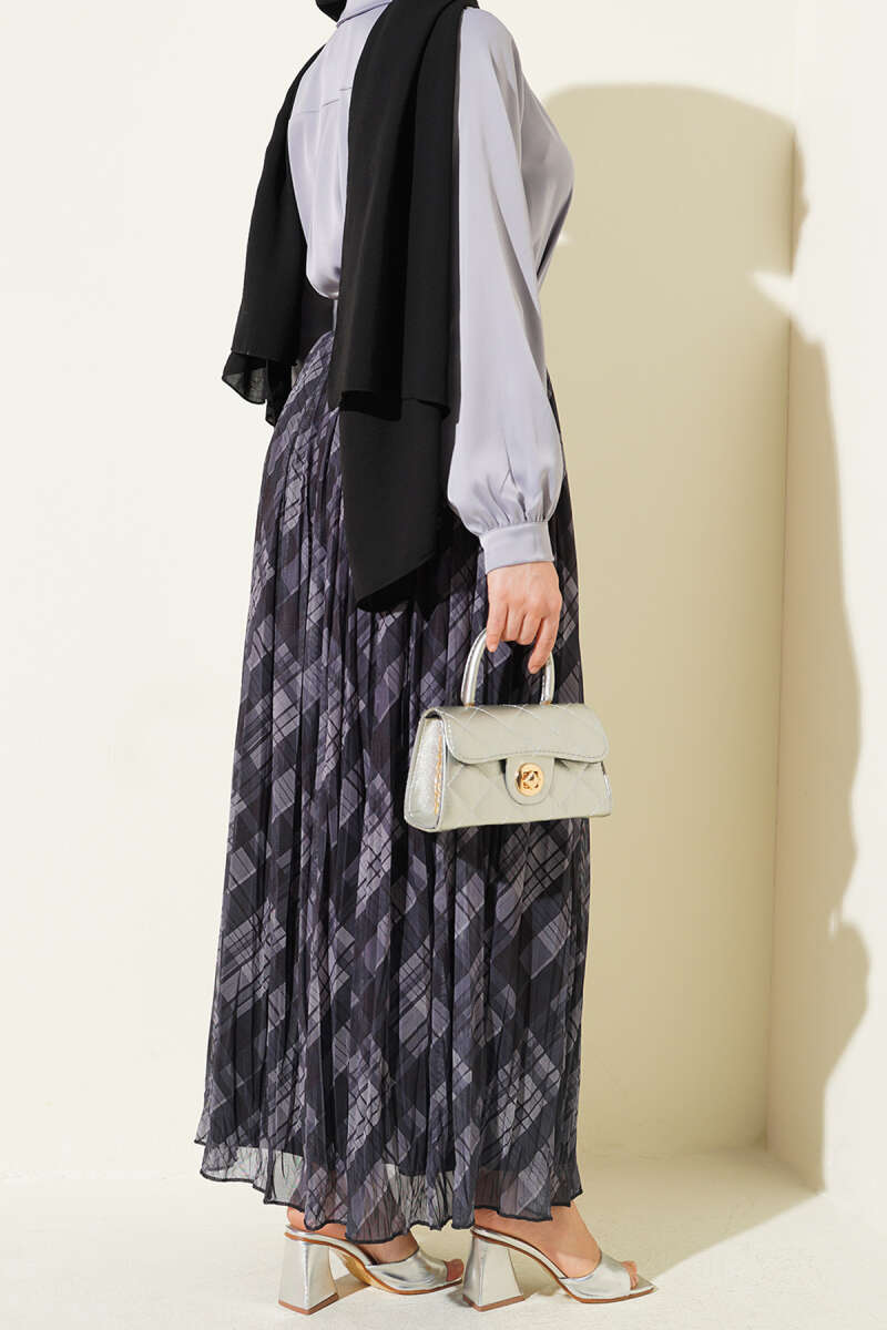 Belted Plaid Tulle Flared Skirt - Smoke Grey