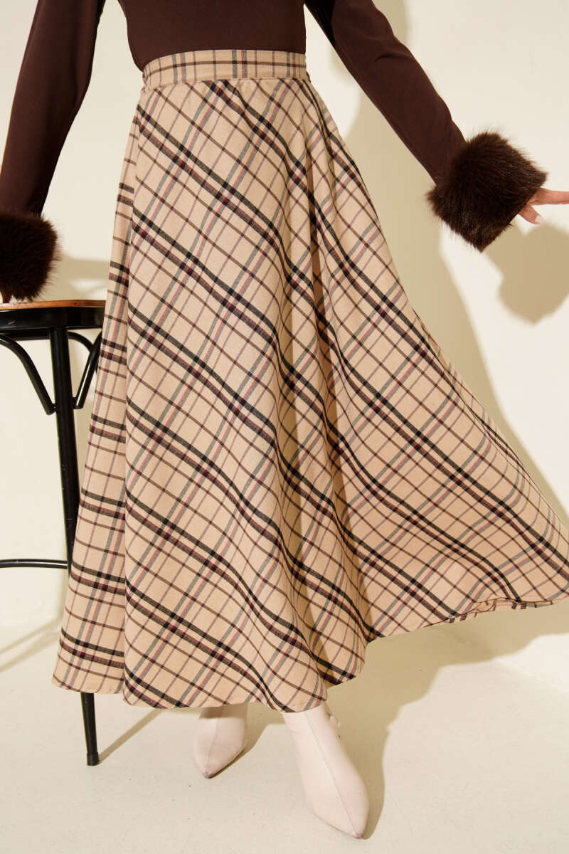 Plaid Flared Skirt - Beige
