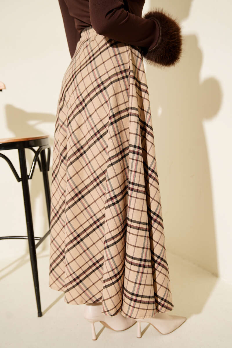 Plaid Flared Skirt - Beige