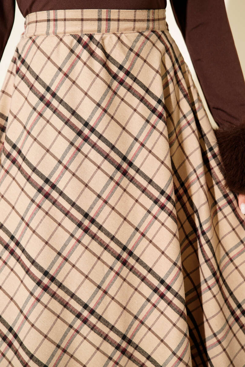 Plaid Flared Skirt - Beige