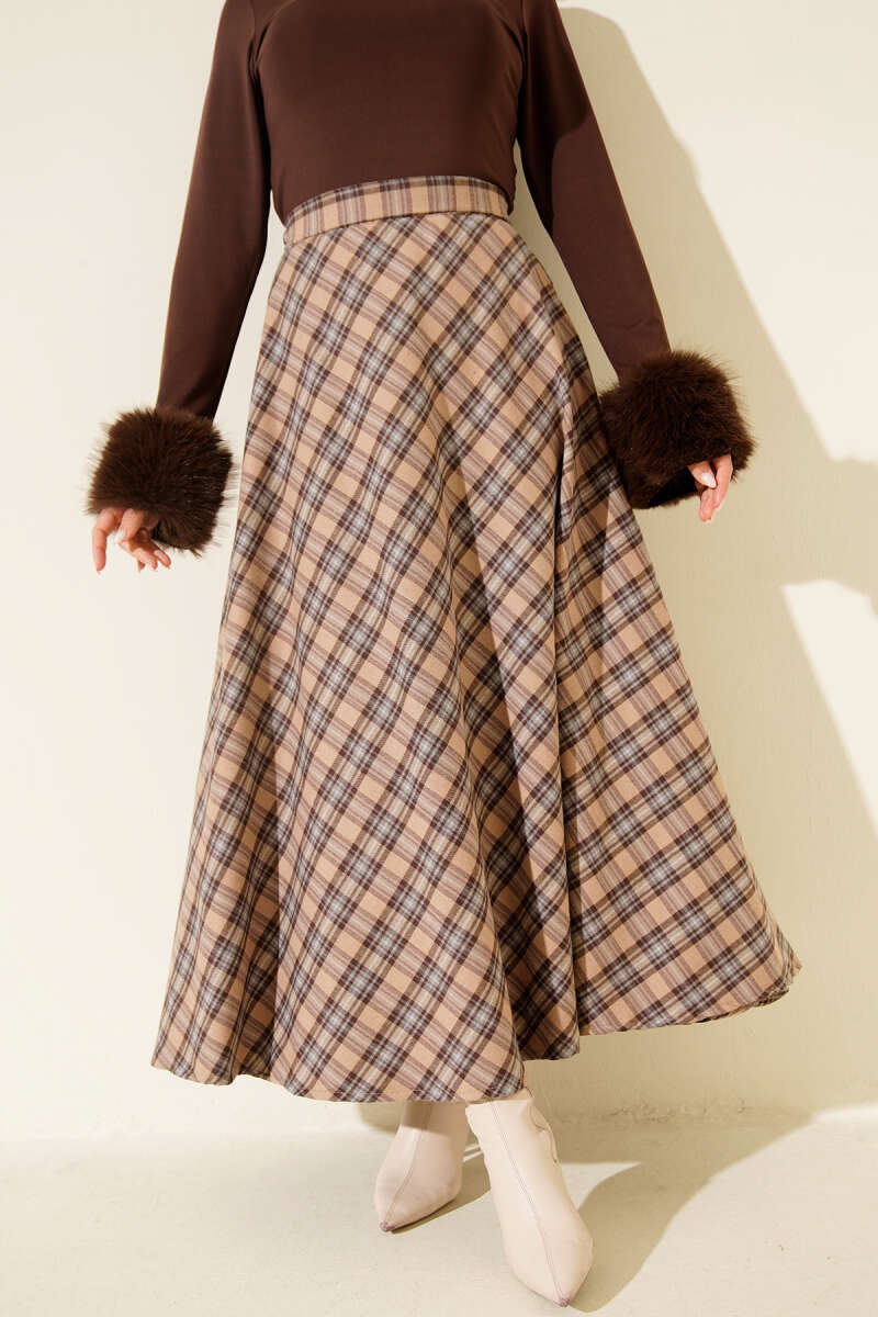 Plaid Flared Skirt - Latte