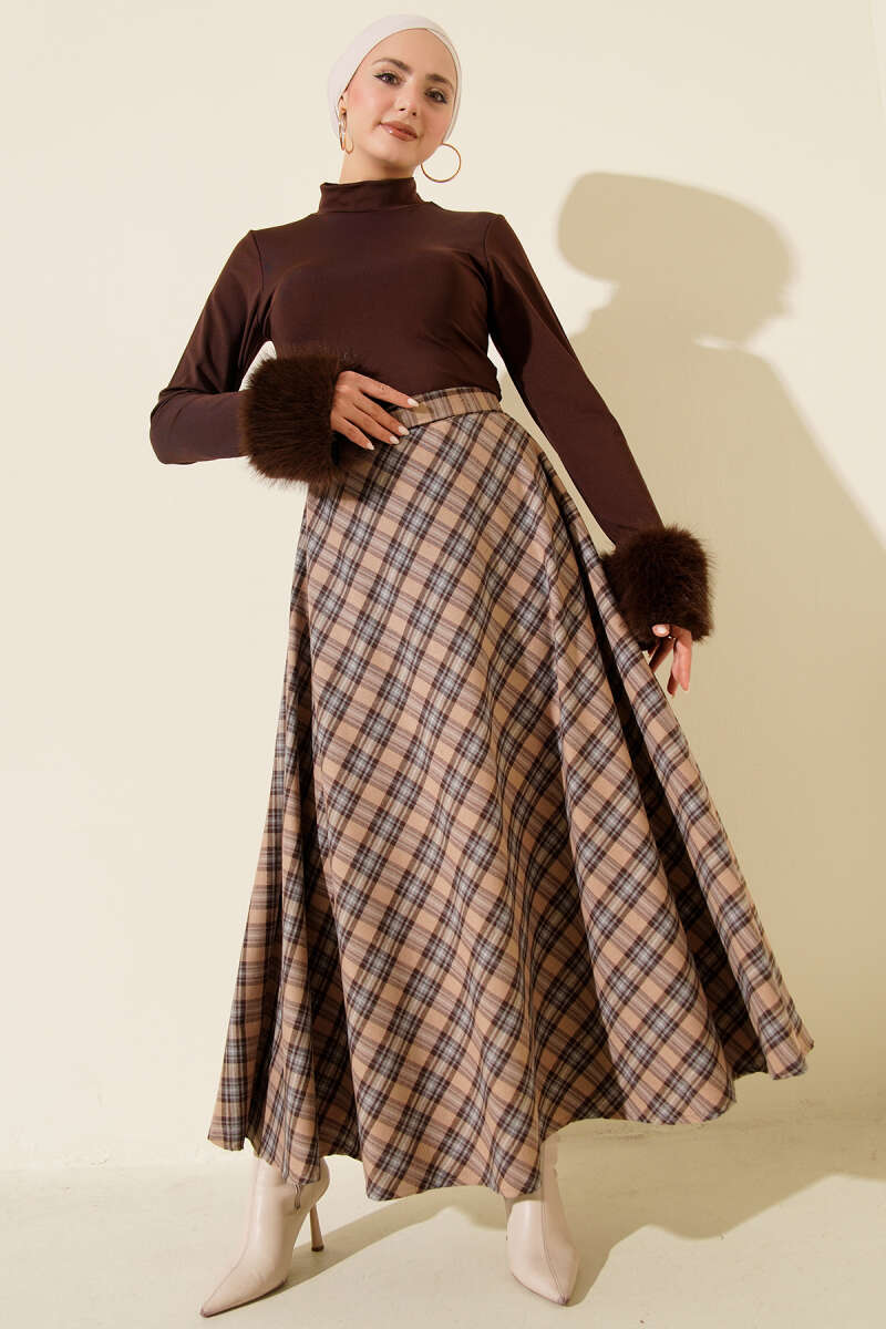 Plaid Flared Skirt - Latte