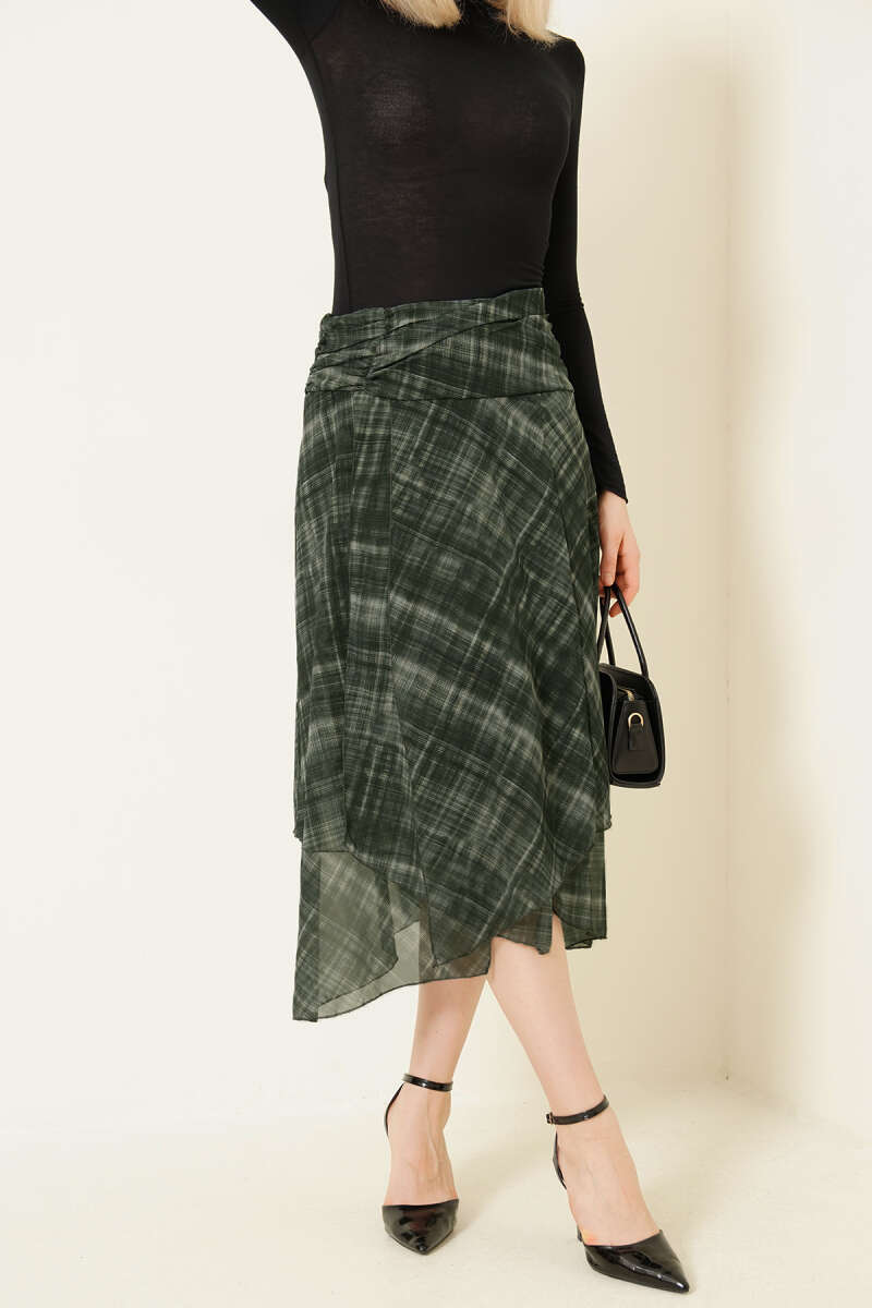 Plaid Chiffon Midi Skirt with Slit - Khaki