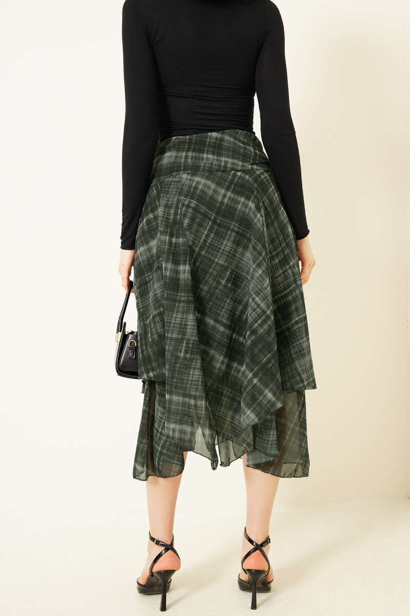 Plaid Chiffon Midi Skirt with Slit - Khaki