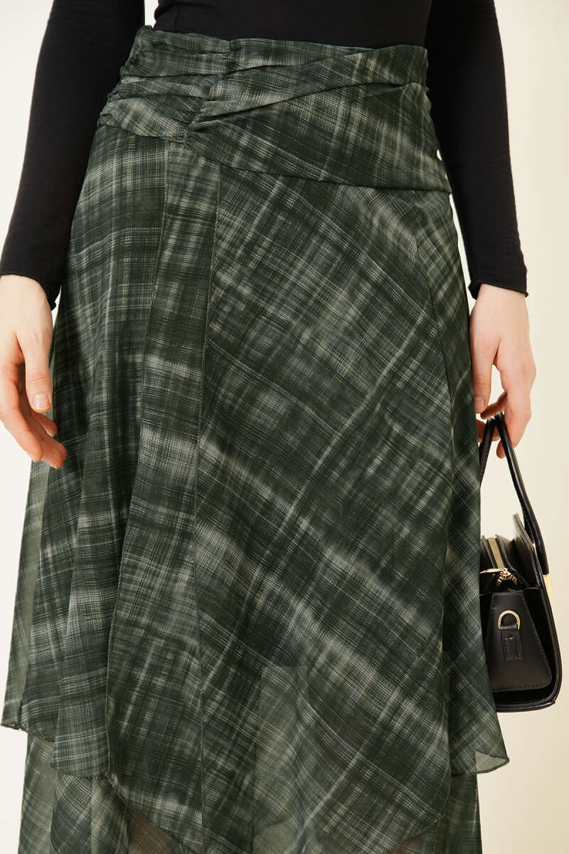 Plaid Chiffon Midi Skirt with Slit - Khaki