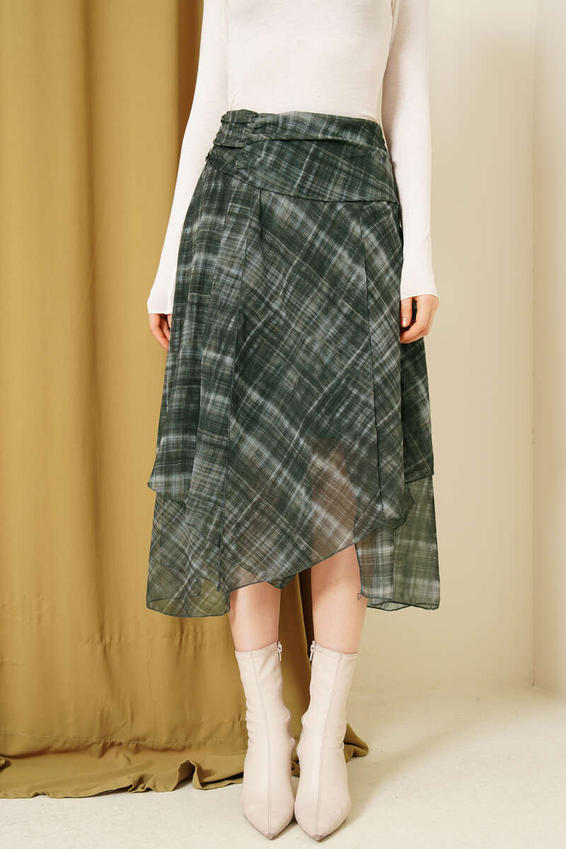 Plaid Chiffon Midi Skirt with Slit - Emerald