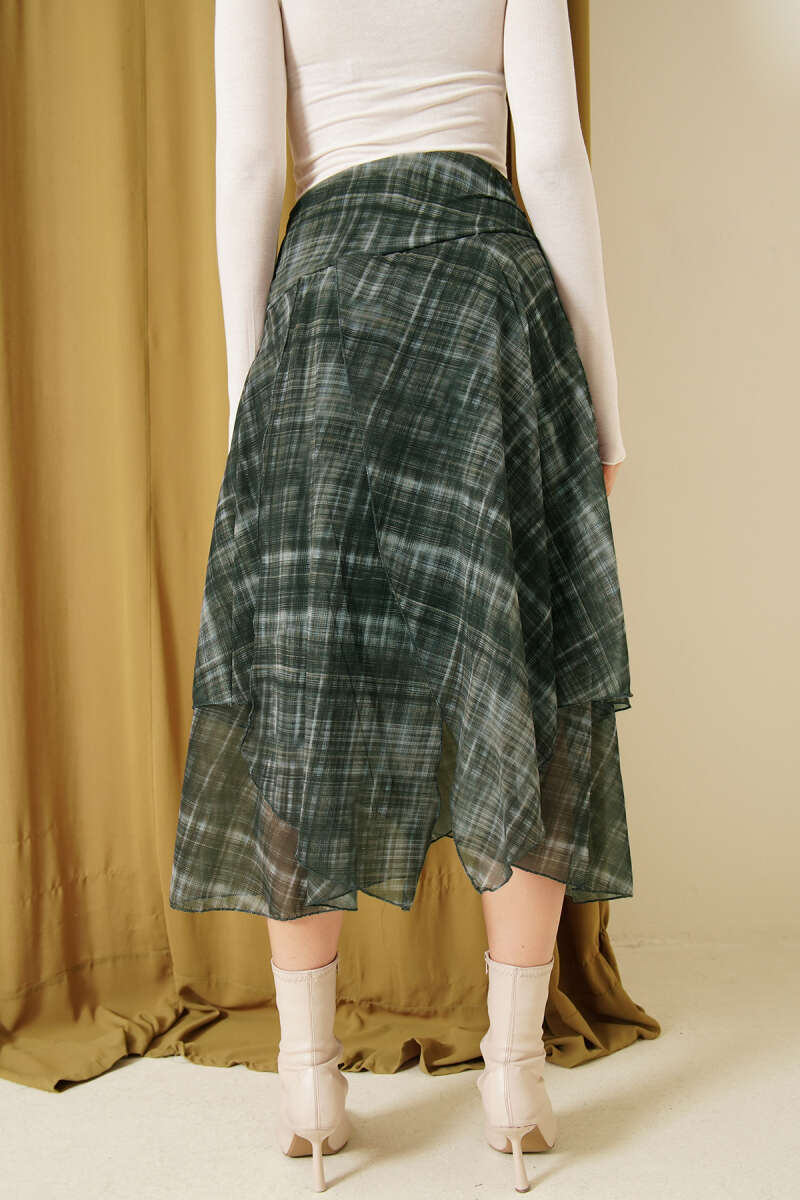 Plaid Chiffon Midi Skirt with Slit - Emerald