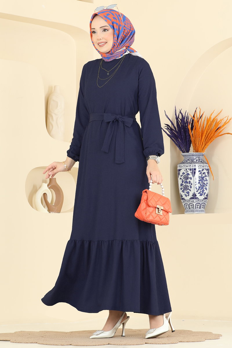 Crinkle Dress with Ruffled Hem - Light Navy