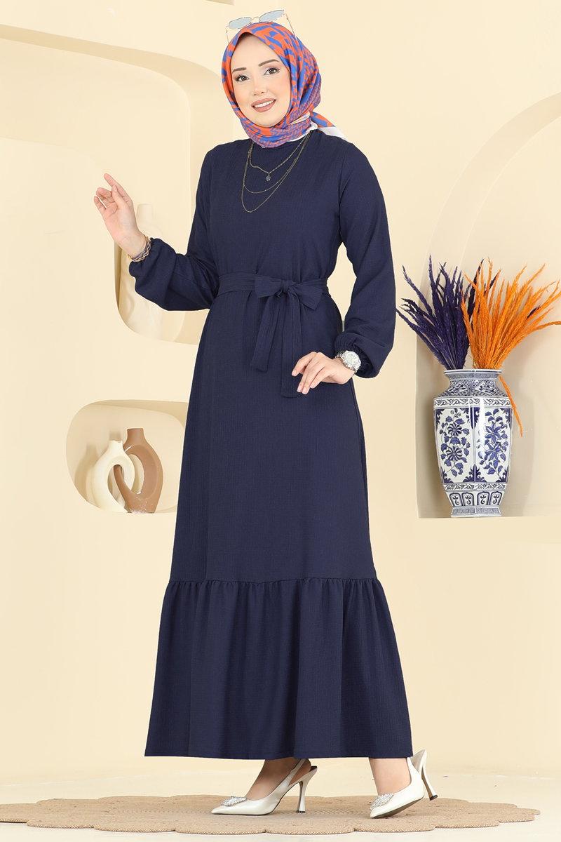 Crinkle Dress with Ruffled Hem - Light Navy