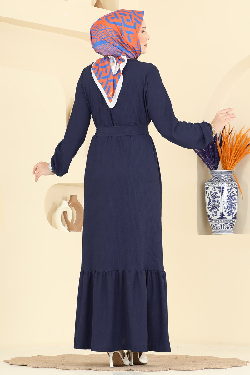 Crinkle Dress with Ruffled Hem - Light Navy