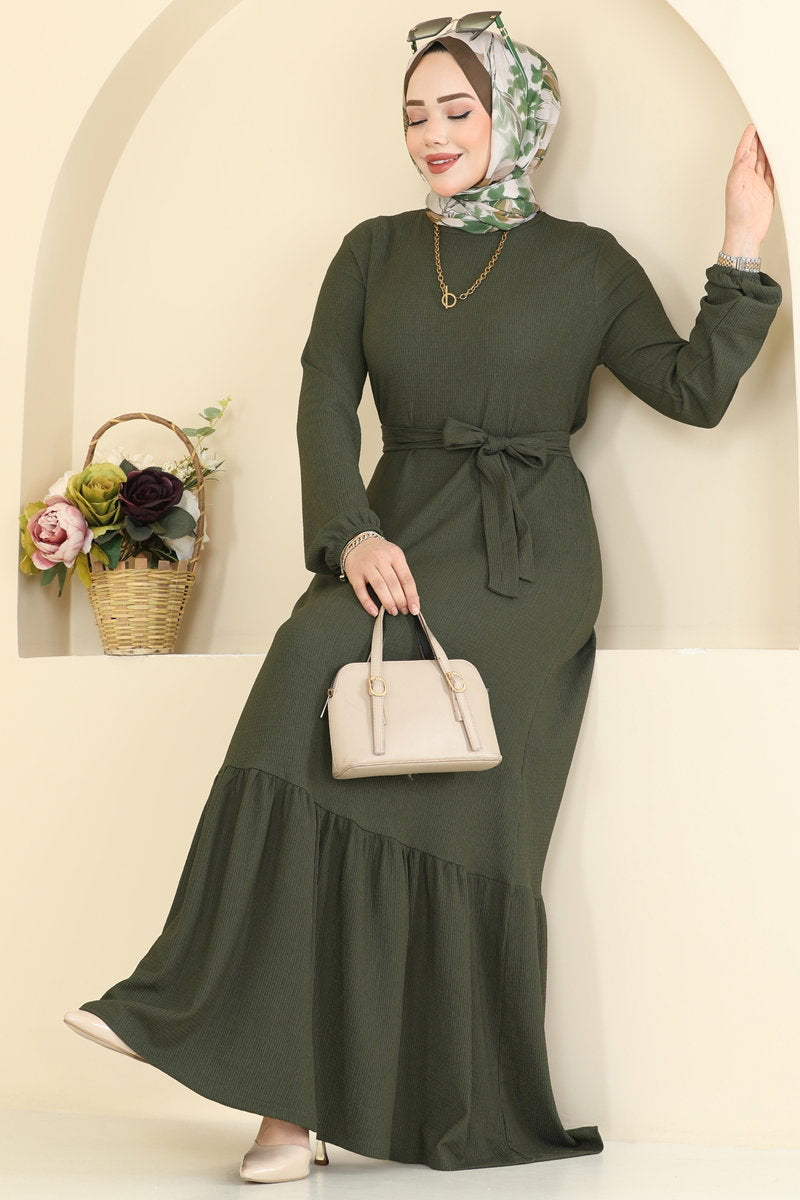 Crinkle Dress with Ruffled Hem - Khaki